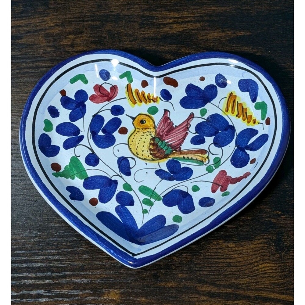 Blue Heart Shaped Trinket Dish Deruta Italy Hand Painted Sambuco Mario Bird 6"